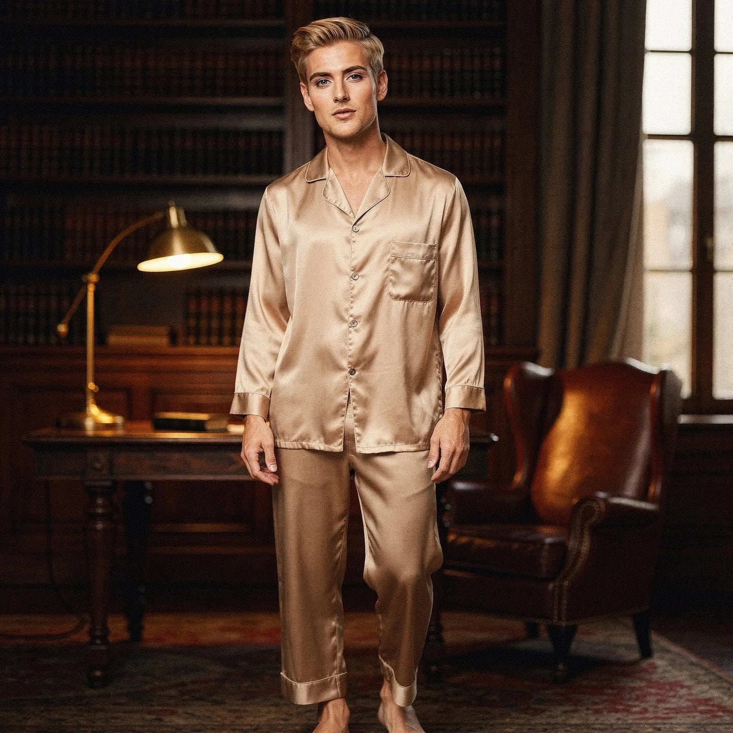 View of a relaxed fit long sleeve pajama set in pure silk, featuring a notch collar and soft, smooth texture