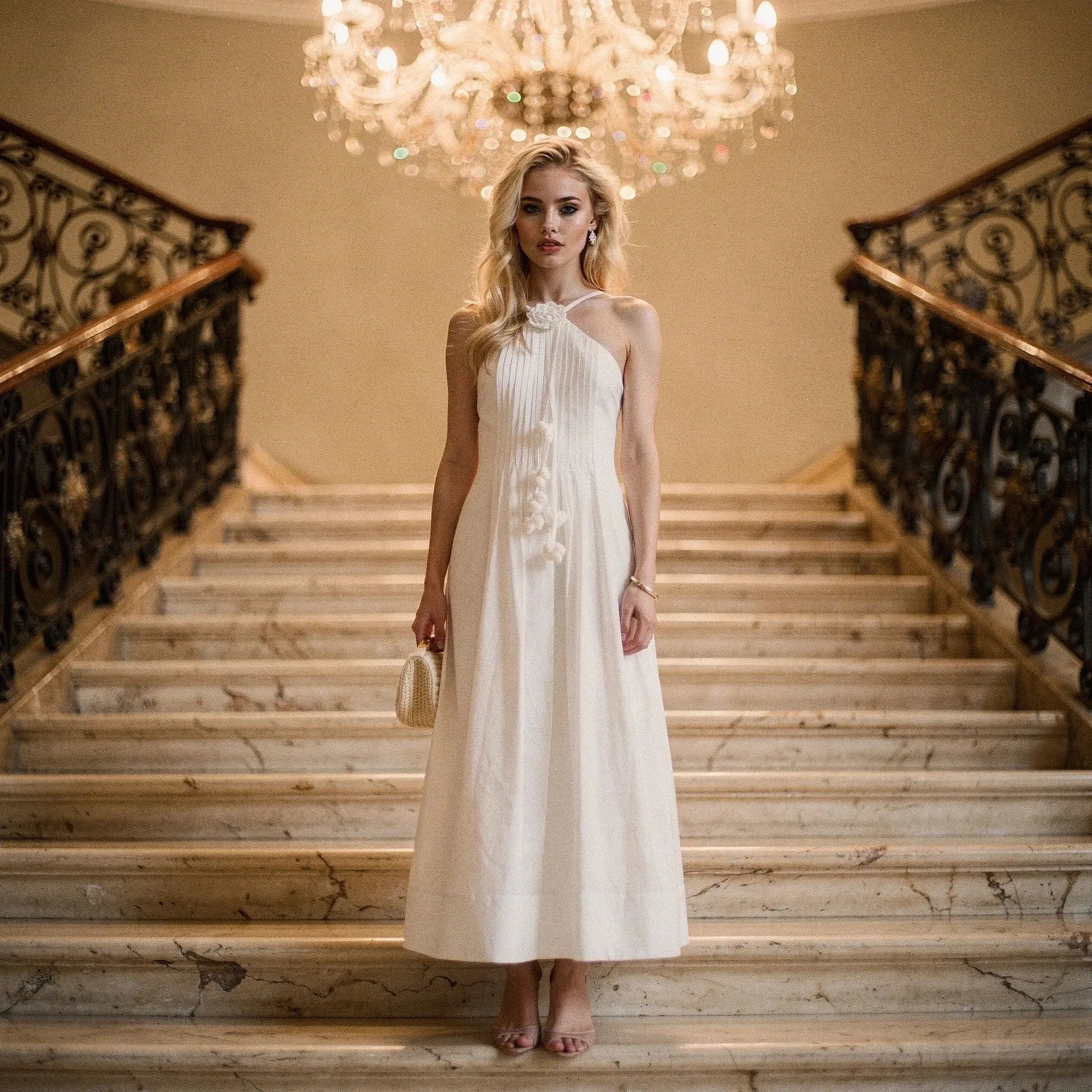 View of a soft, lightweight halter maxi dress in a light pastel color, featuring a flowing skirt and elegant neckline