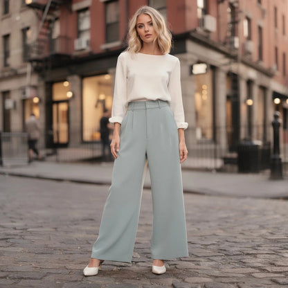 Light beige high waist wide leg casual pants made of soft fabric, featuring a relaxed fit and pockets, view