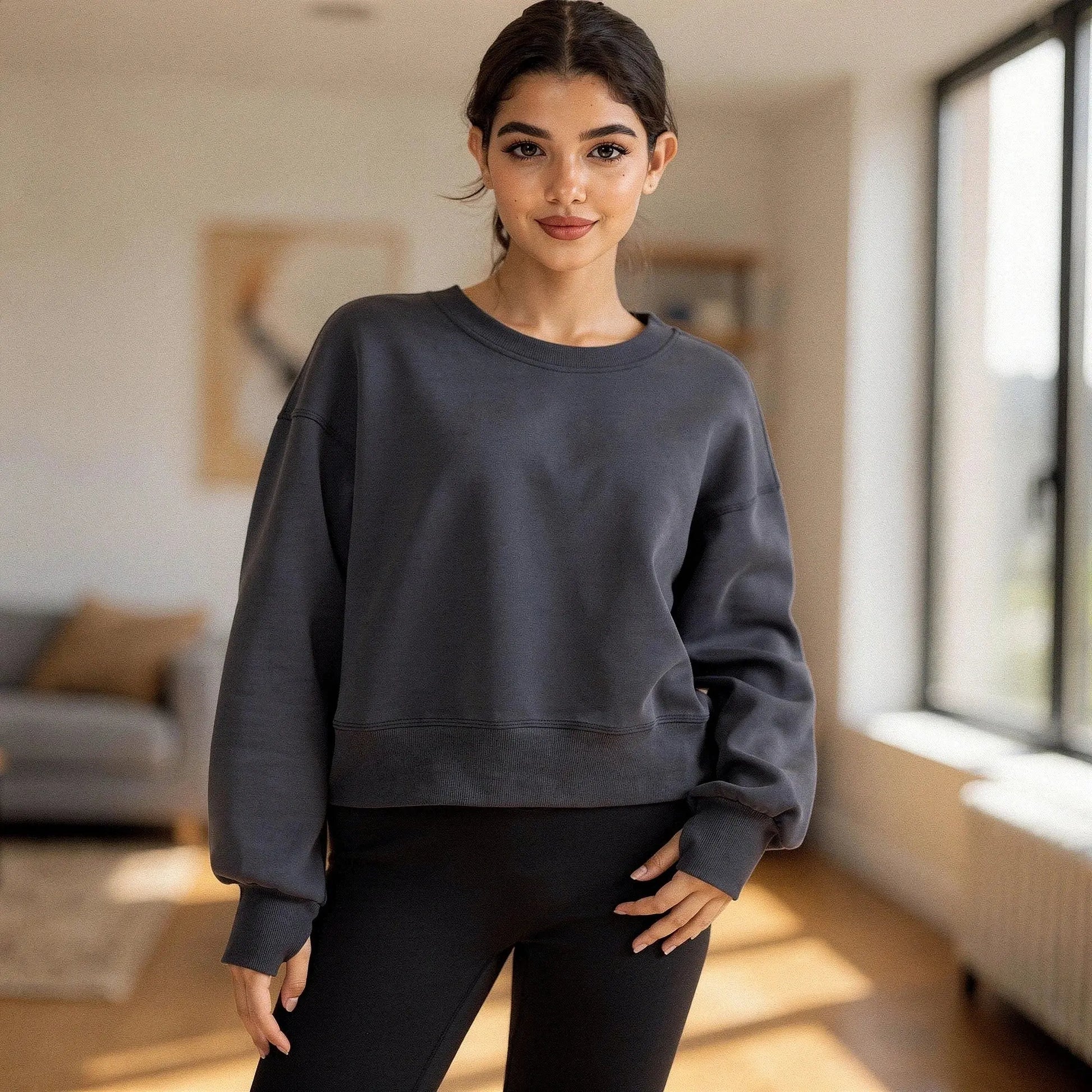 Light gray relaxed fit crew neck sweatshirt with long sleeves, featuring a soft fabric and casual style, view