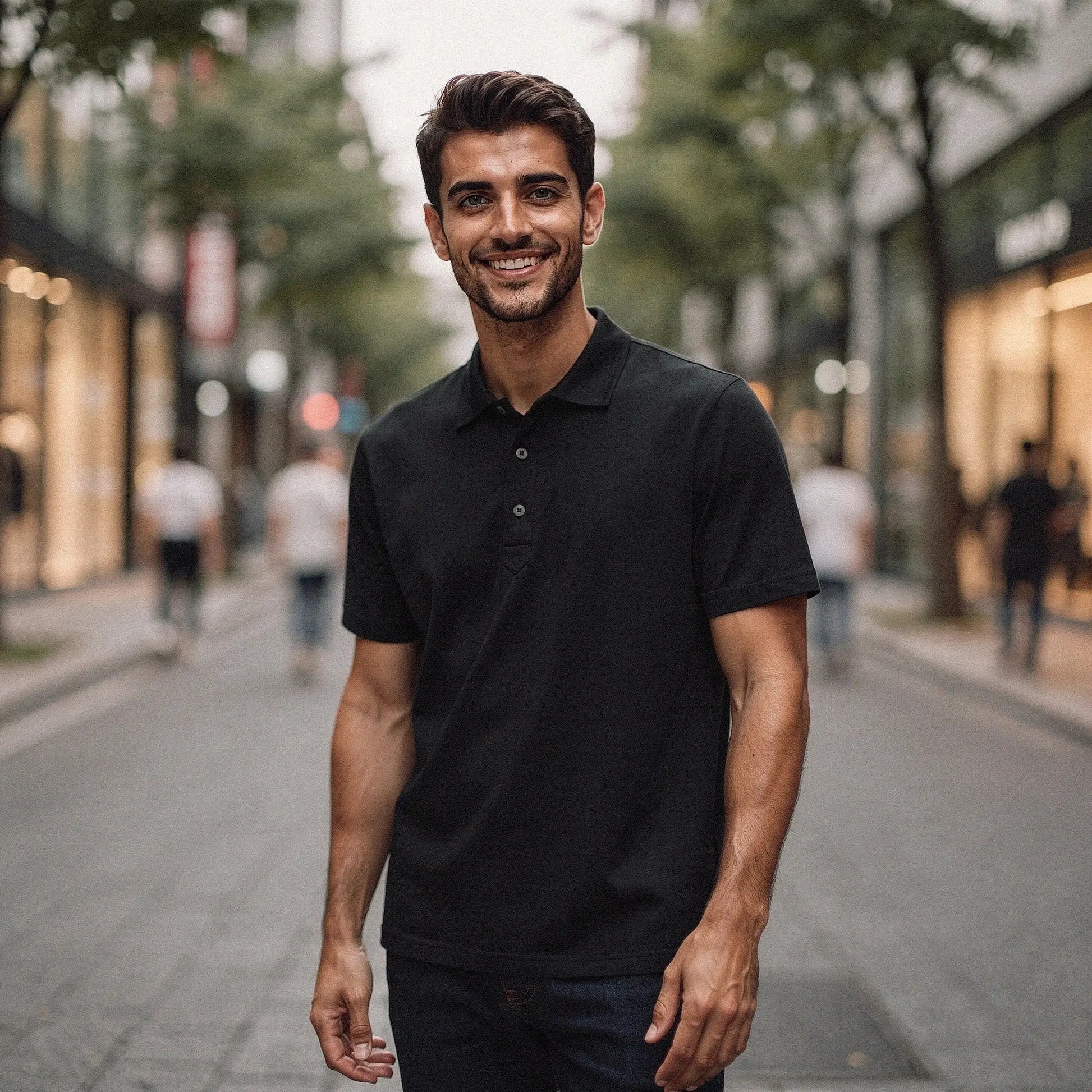 View of a navy blue slim fit short sleeve polo shirt featuring a V neck and soft cotton material