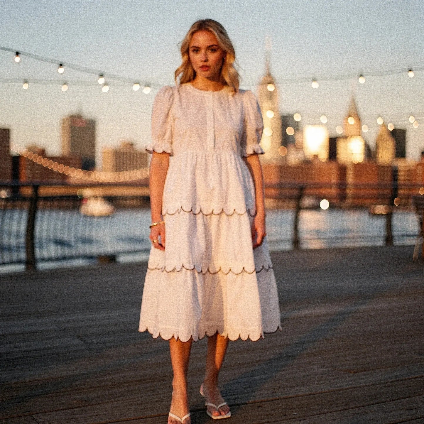 View of a flowy A line midi dress in soft fabric, featuring a round neck and delicate floral pattern, perfect for summer occasions