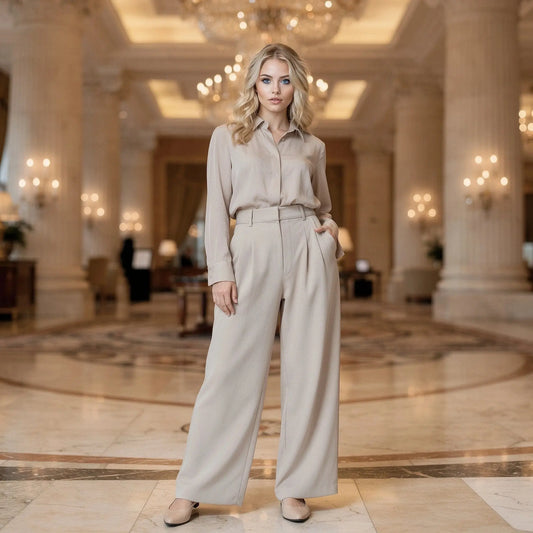 Light beige high waist wide leg casual pants with a relaxed fit, shown