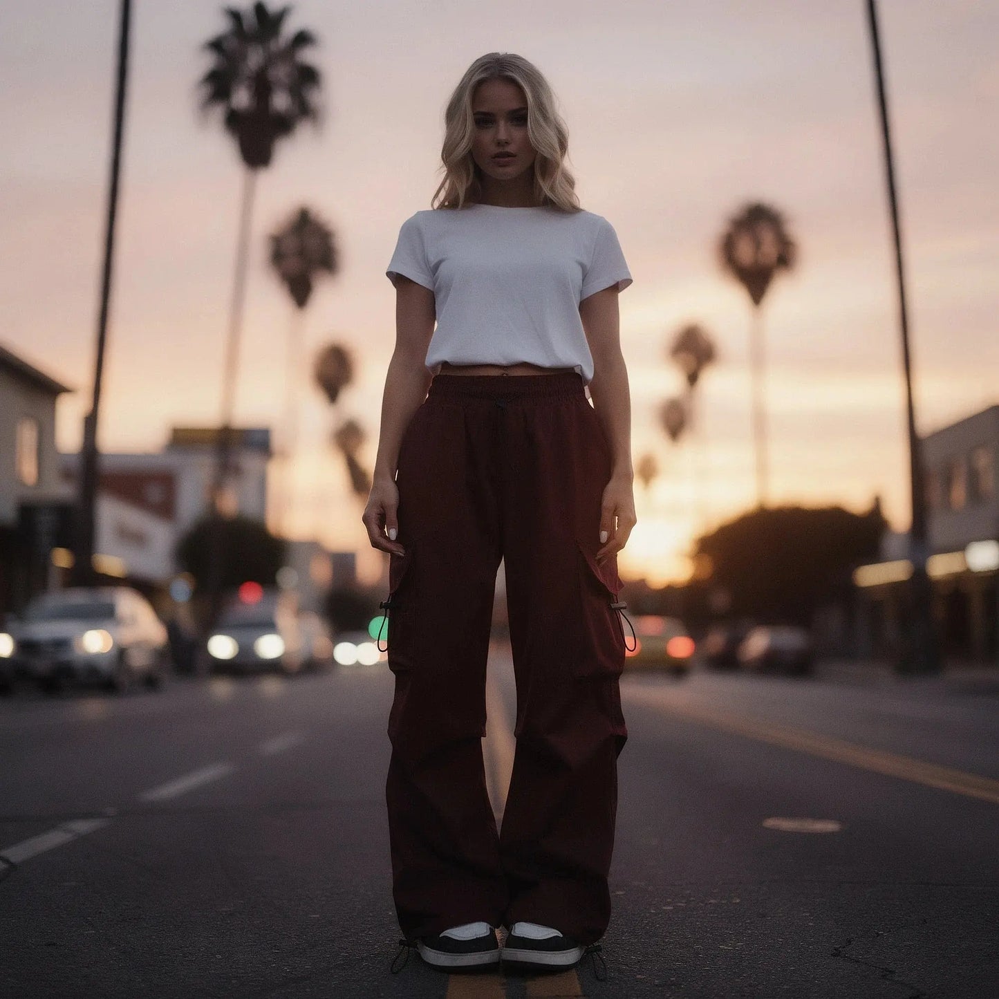 View of relaxed fit wide leg cargo pants in olive green, featuring large pockets and a comfortable waistband