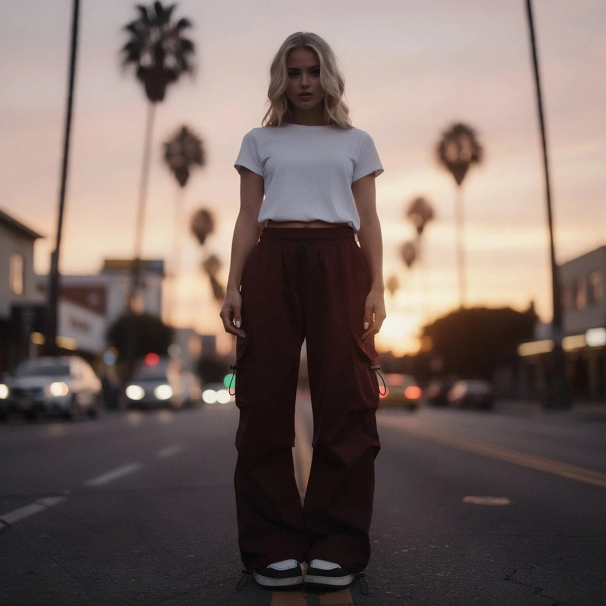View of relaxed fit wide leg cargo pants in olive green, featuring large pockets and a comfortable waistband