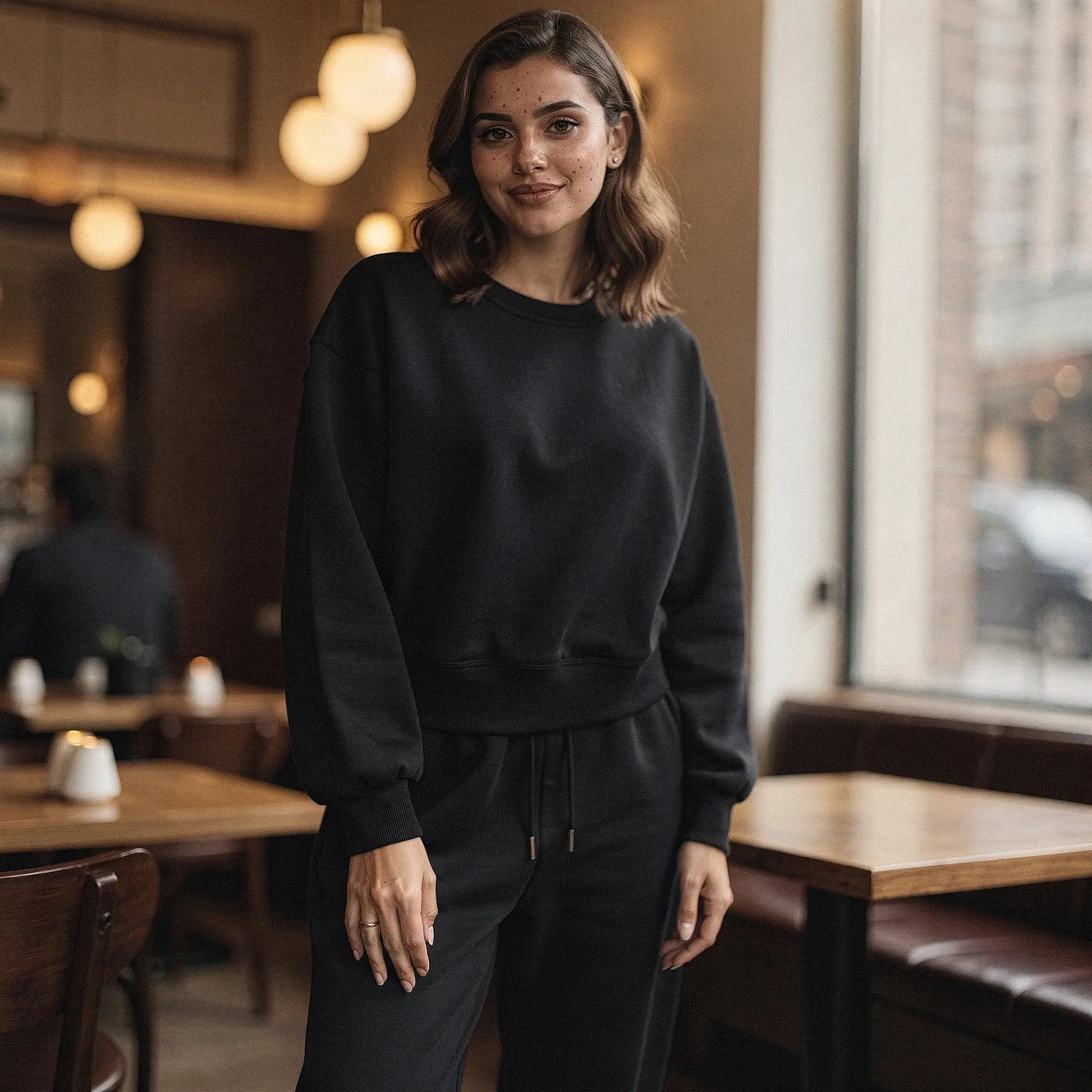 Light gray relaxed fit crew neck sweatshirt with long sleeves and ribbed cuffs, view showcasing fabric texture