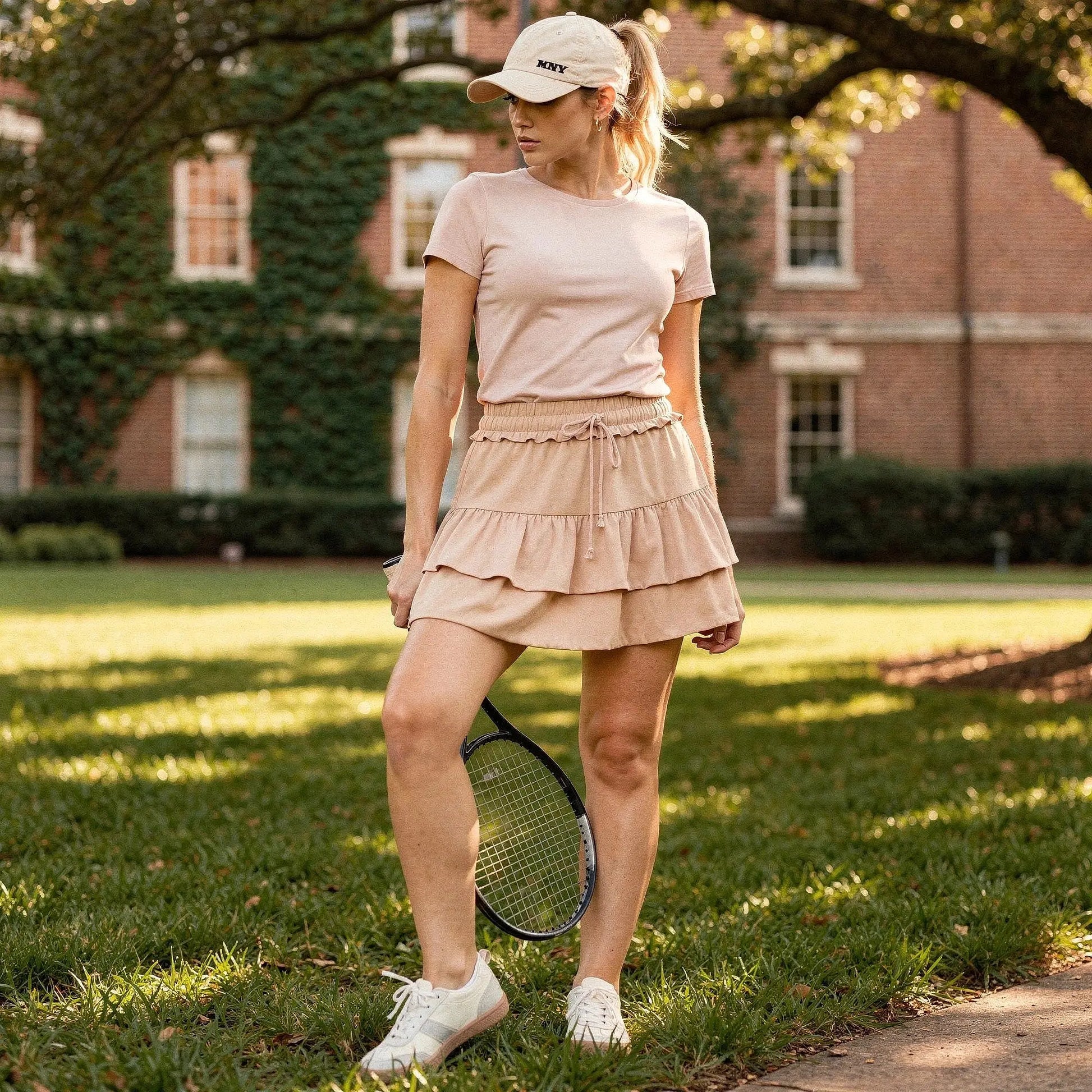 Light pink mini ruffle skirt with built in anti exposure shorts, detailed view highlighting fabric texture and ruffle design