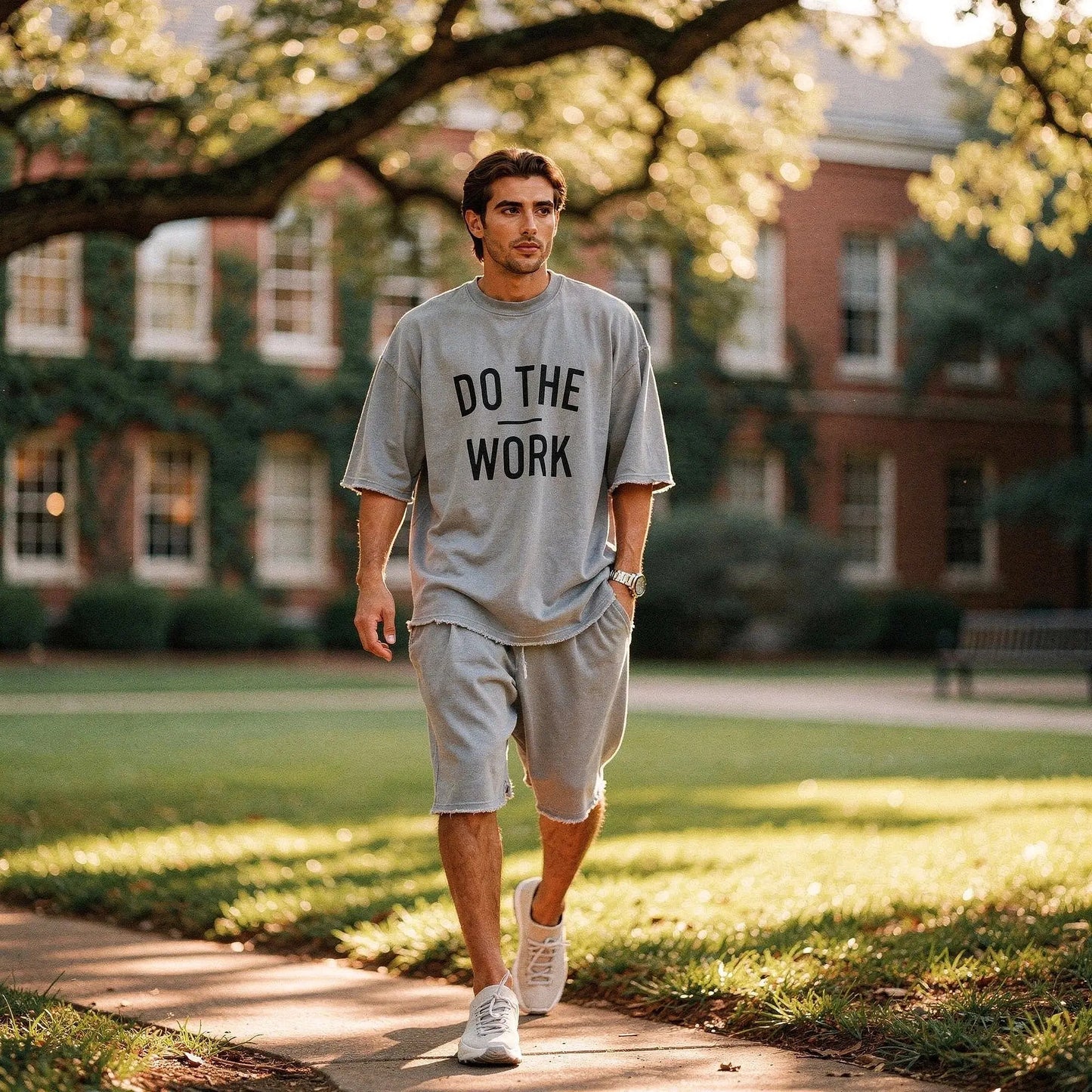 View of a relaxed fit crew neck short sleeve sports set in soft grey fabric, showcasing stitching and seam details