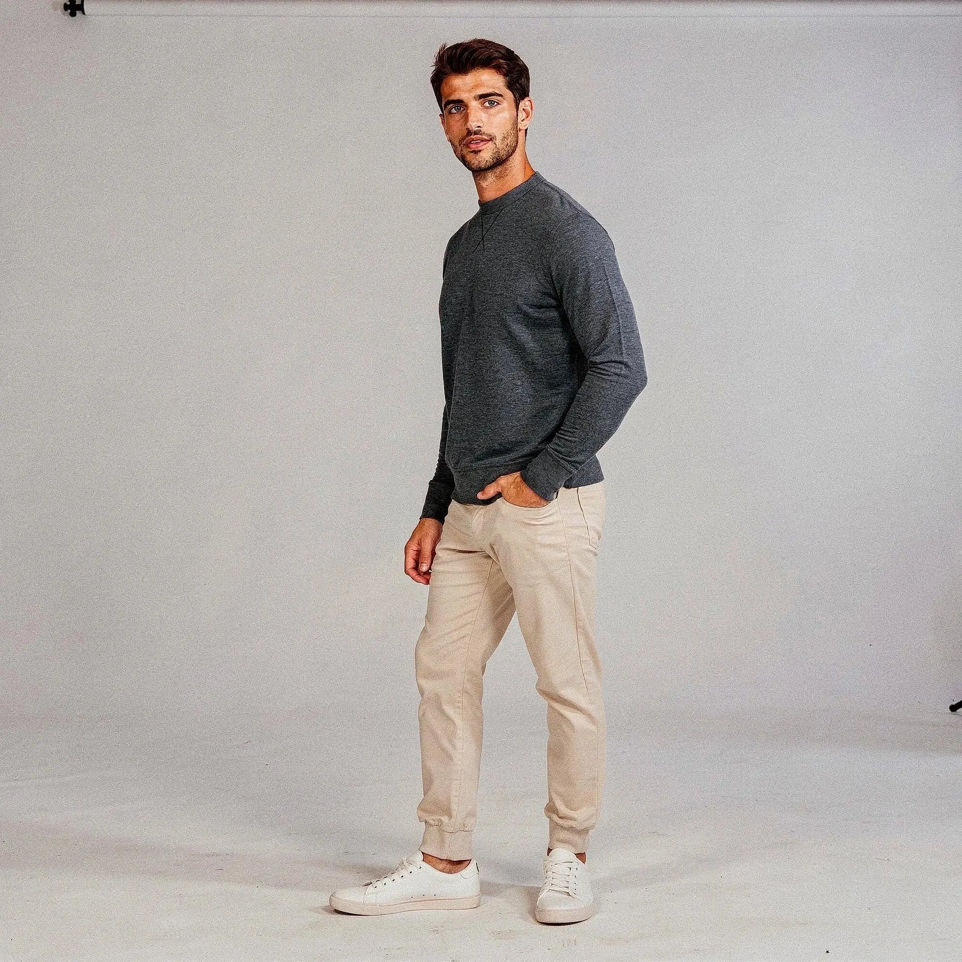 View of a relaxed fit crew neck long sleeve casual sweatshirt in light gray, featuring ribbed cuffs and a soft fabric