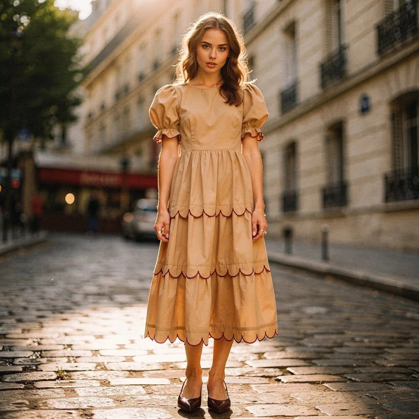 View of a flowy A line midi dress in soft fabric, featuring a round neck and vibrant floral pattern