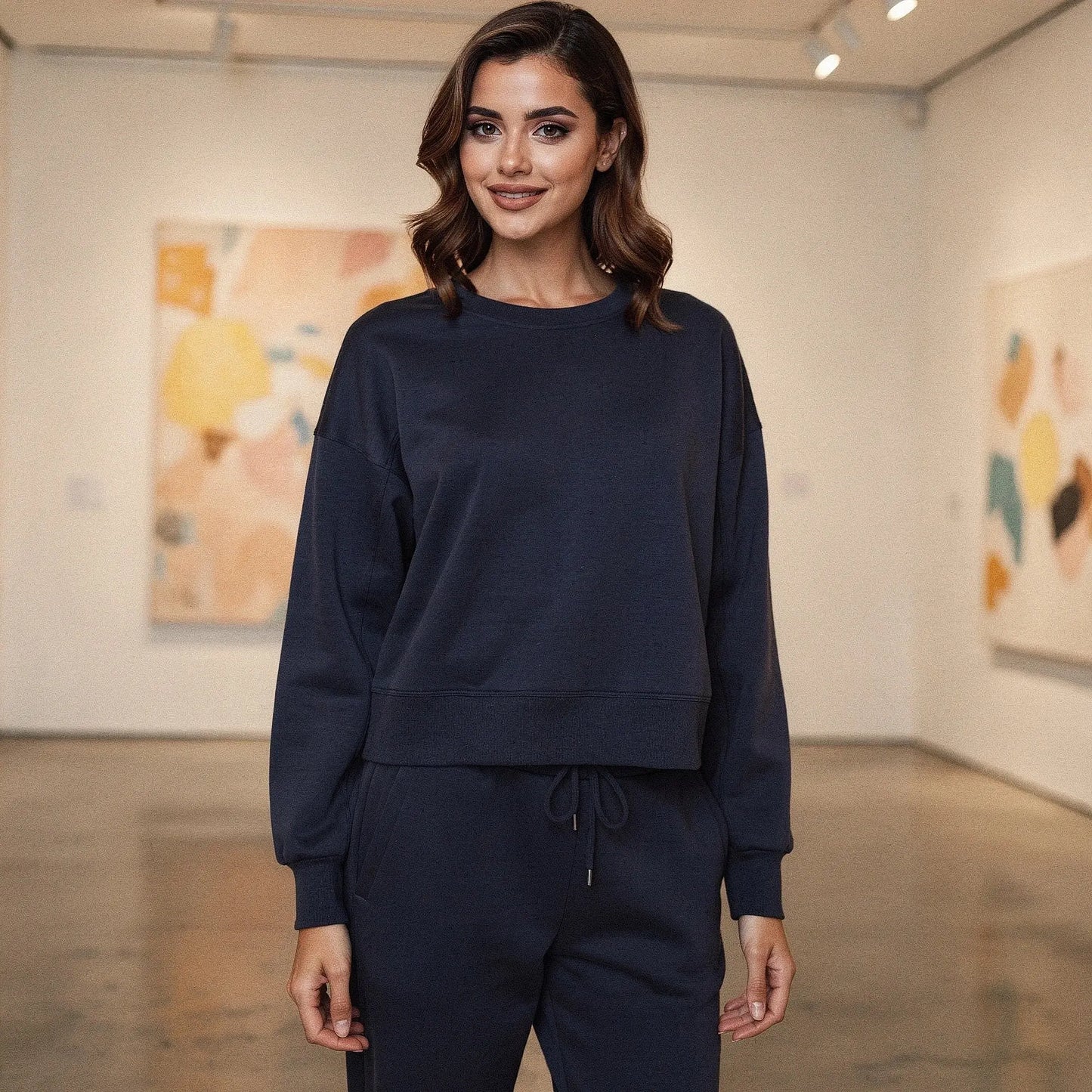 Light gray relaxed fit crew neck sweatshirt with long sleeves and soft fabric, view showcasing stitching and neckline