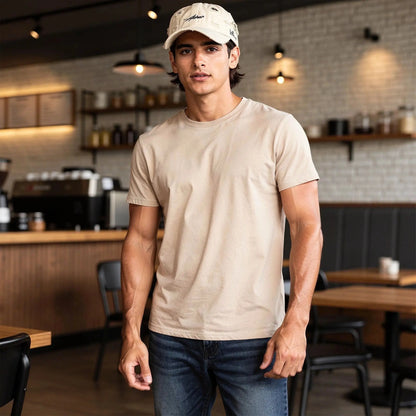 View of a relaxed fit crew neck long sleeve casual t shirt in soft cotton, featuring a classic navy blue color