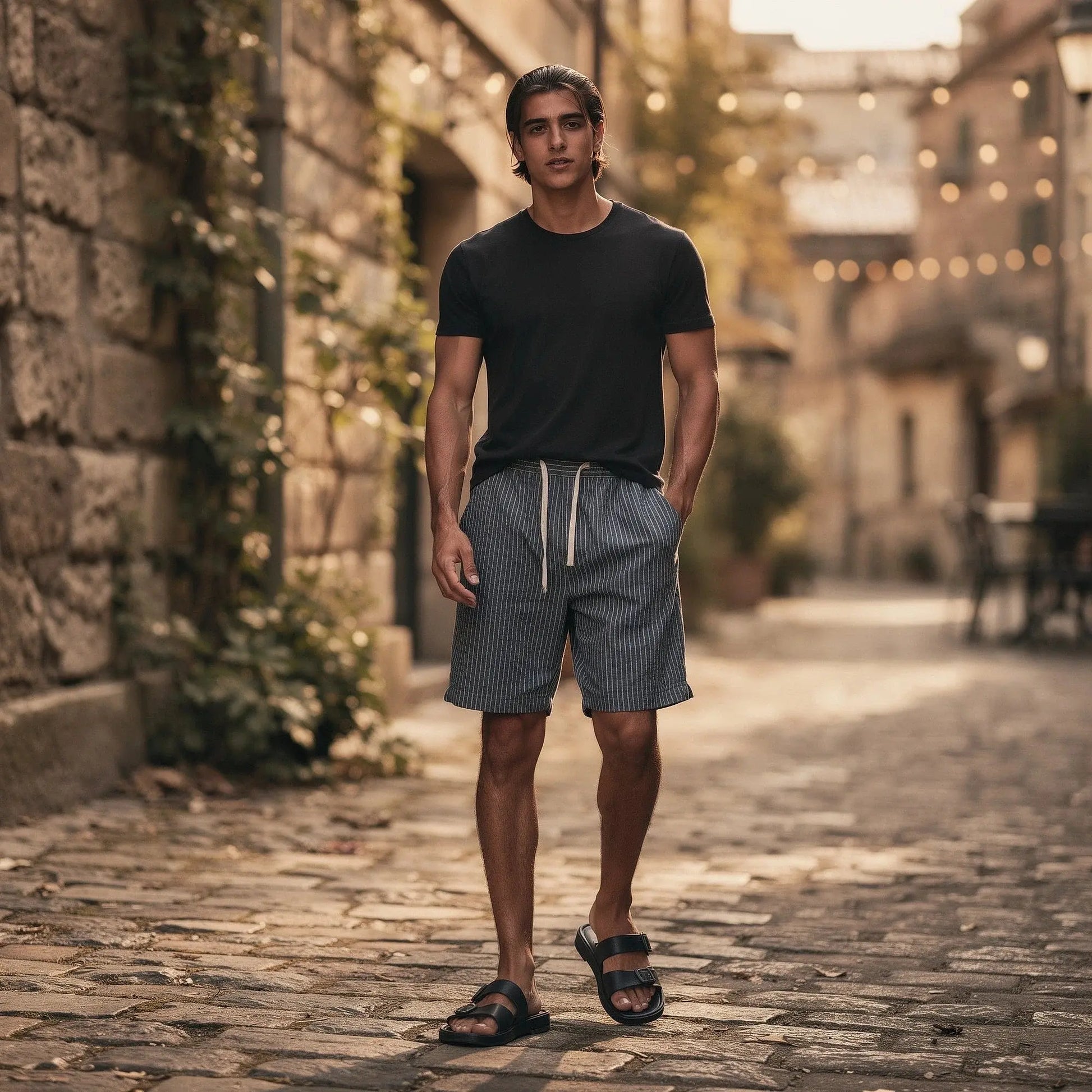 View of relaxed fit summer shorts featuring navy and white stripes, drawstring waist, and lightweight fabric