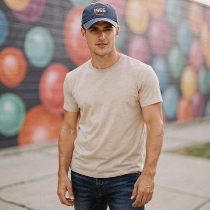 View of a relaxed fit crew neck short sleeve casual t shirt in light gray cotton, showcasing the soft fabric and stitching