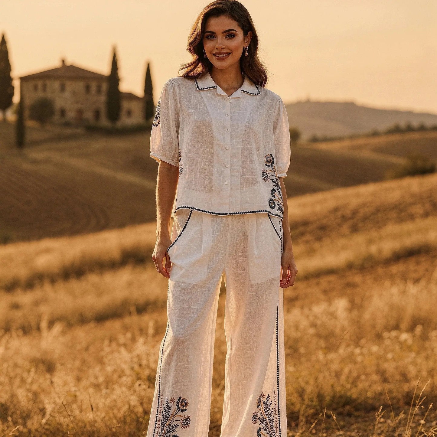 Light blue short sleeve button down shirt featuring floral embroidery, relaxed fit, view showcasing intricate stitching