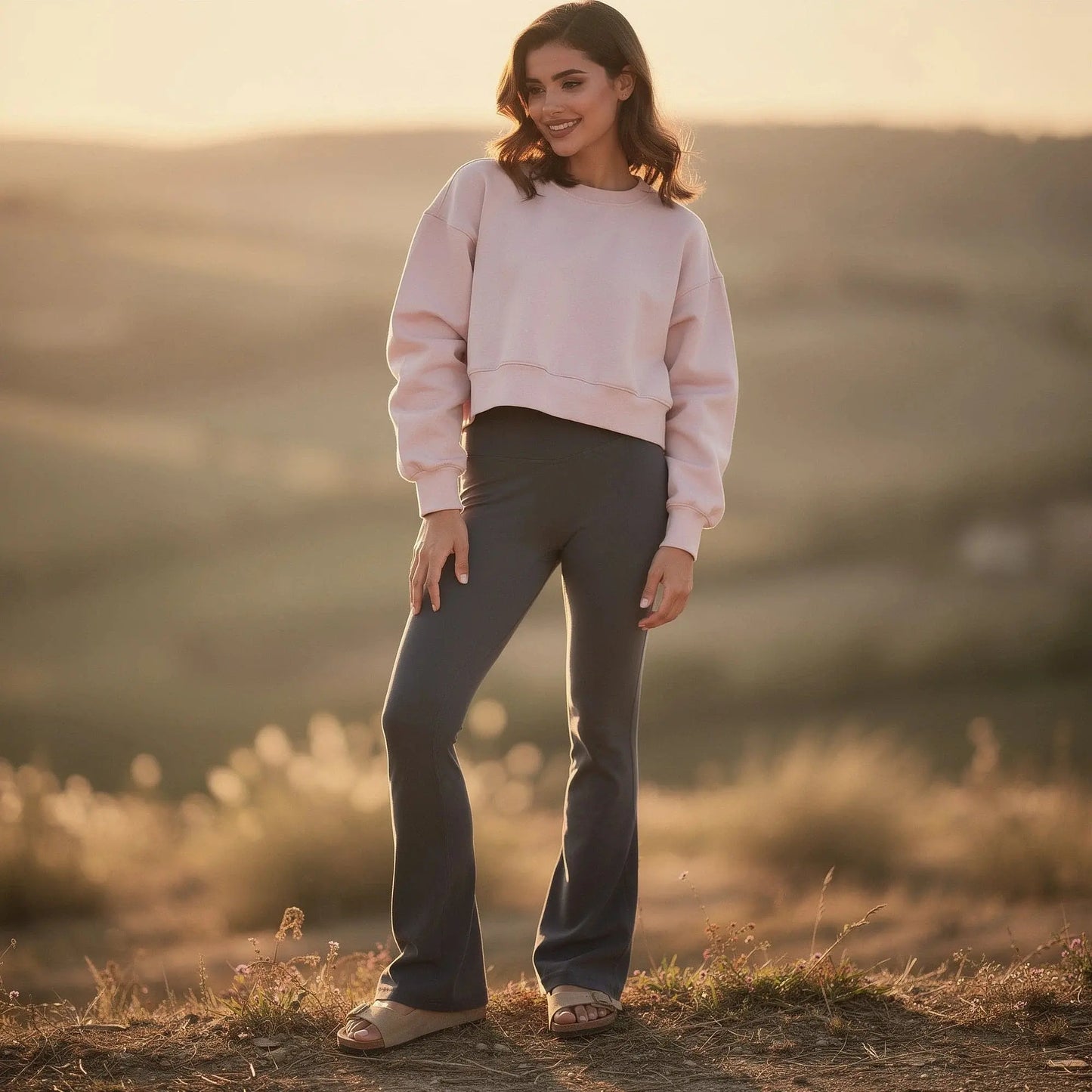Light gray relaxed fit crew neck sweatshirt with long sleeves and ribbed cuffs, view showcasing fabric texture