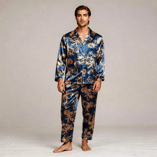 View of a relaxed fit long sleeve silk pajama set in deep navy blue with a notch collar and button up