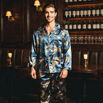 View of a relaxed fit long sleeve pajama set in soft silk, featuring a notch collar and elegant stitching