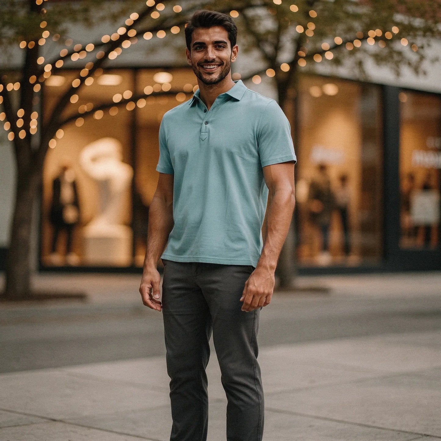 View of a navy blue slim fit short sleeve V neck polo shirt made