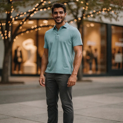 View of a navy blue slim fit short sleeve V neck polo shirt made