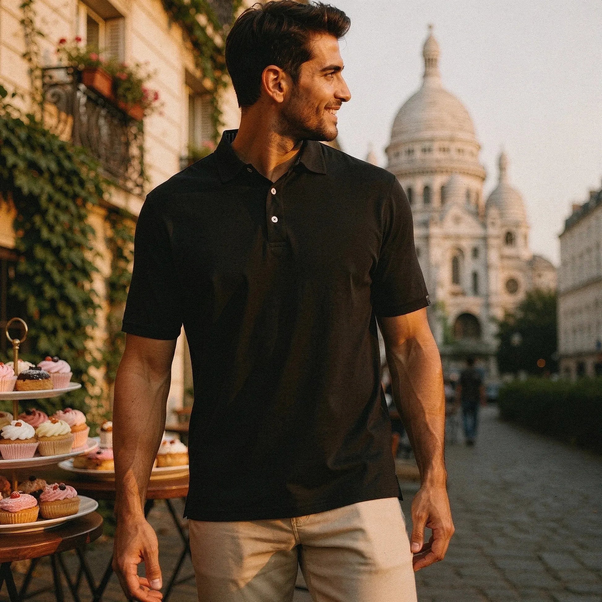 View of a slim fit short sleeve v neck polo in light blue, featuring a soft fabric and subtle stitching details