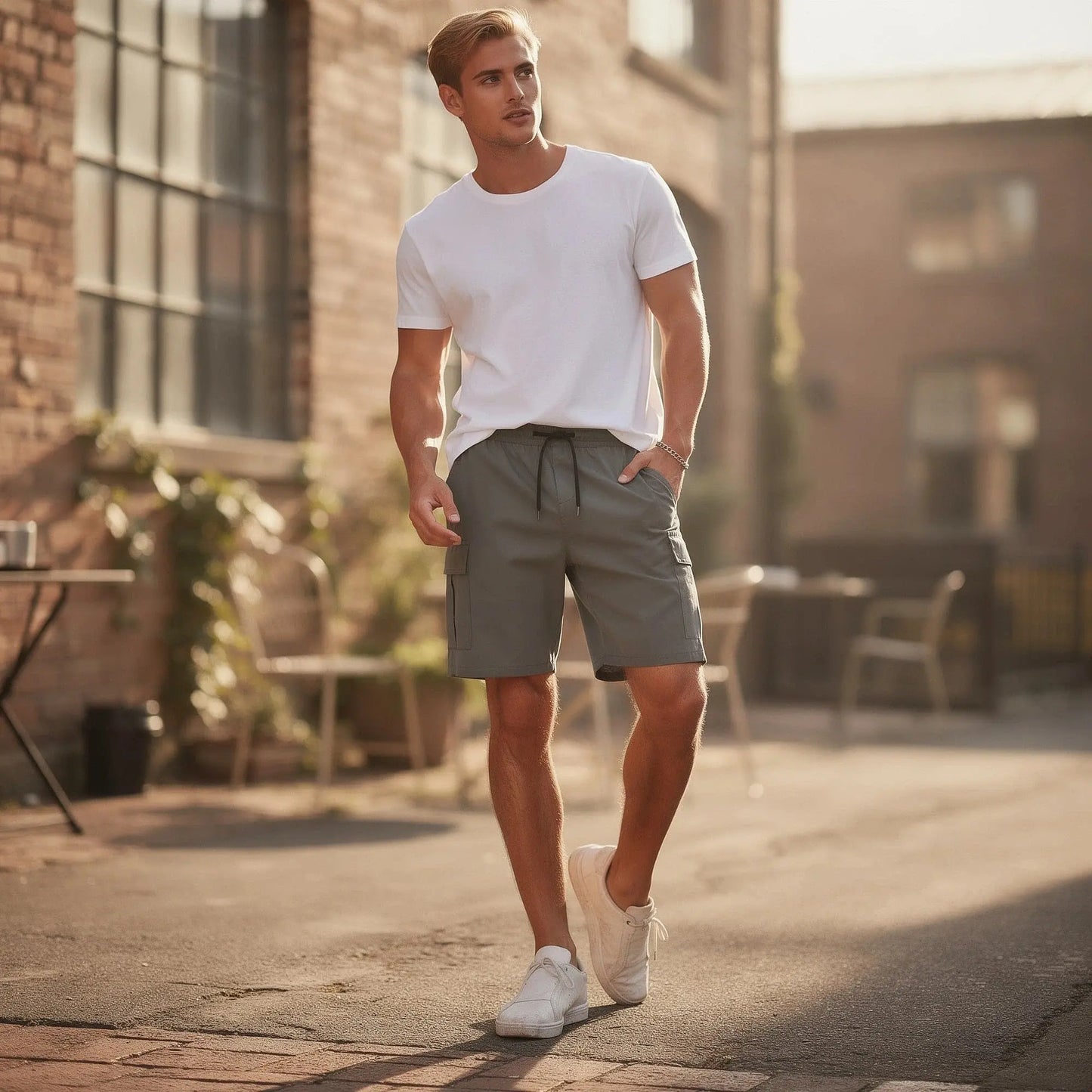 View of tailored fit drawstring cargo shorts in olive green, featuring multiple pockets and lightweight fabric for casual wear