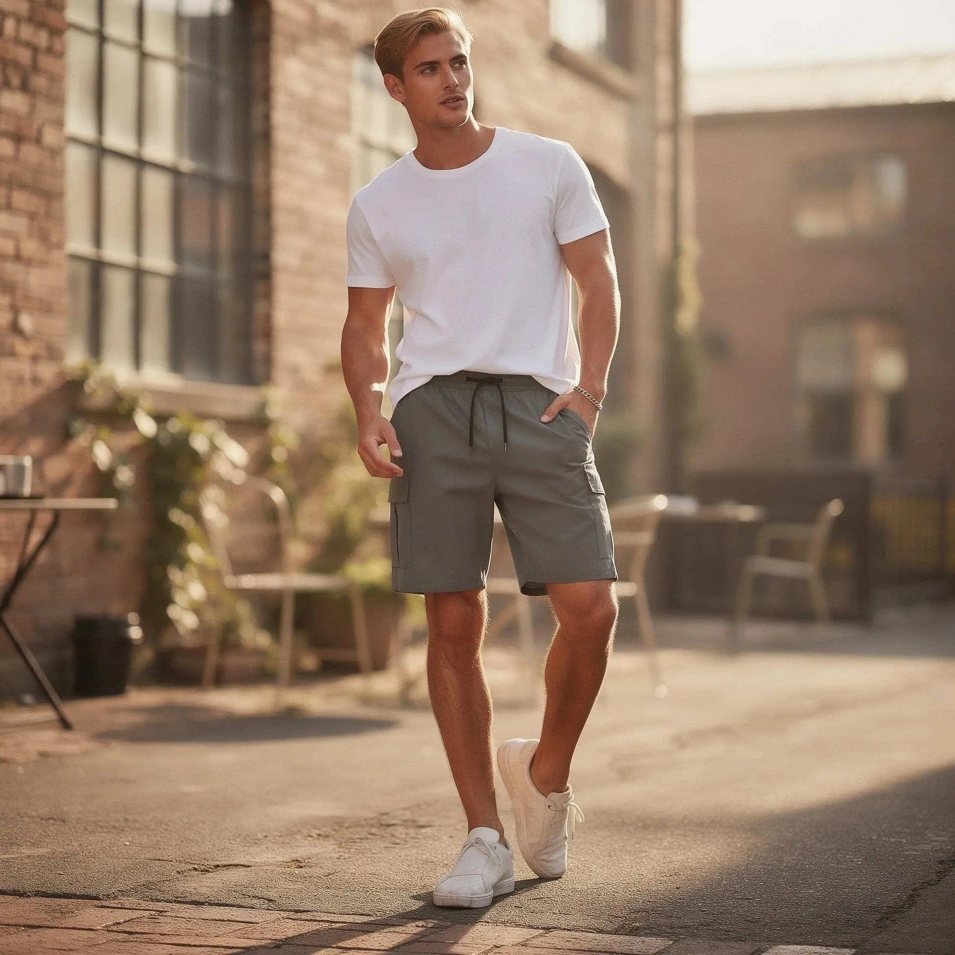 View of tailored fit drawstring cargo shorts in olive green, featuring multiple pockets and lightweight fabric for casual wear