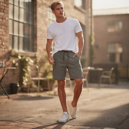 View of tailored fit drawstring cargo shorts in olive green, featuring multiple pockets and lightweight fabric for casual wear