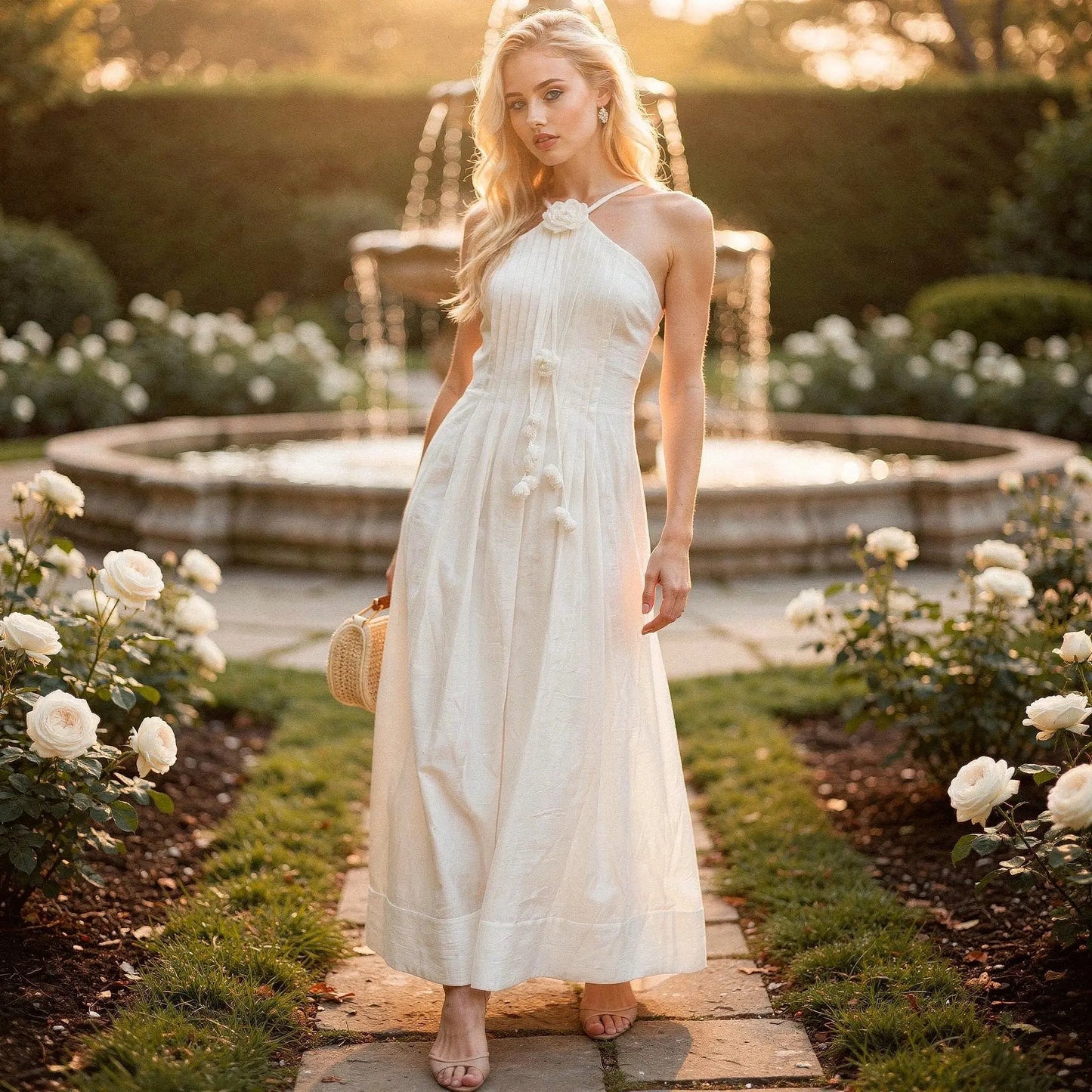 View of a relaxed fit halter maxi dress in soft fabric, featuring a floral print and flowing skirt, perfect for summer occasions