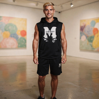 View of a relaxed fit sleeveless casual summer t shirt and shorts set in light gray cotton fabric