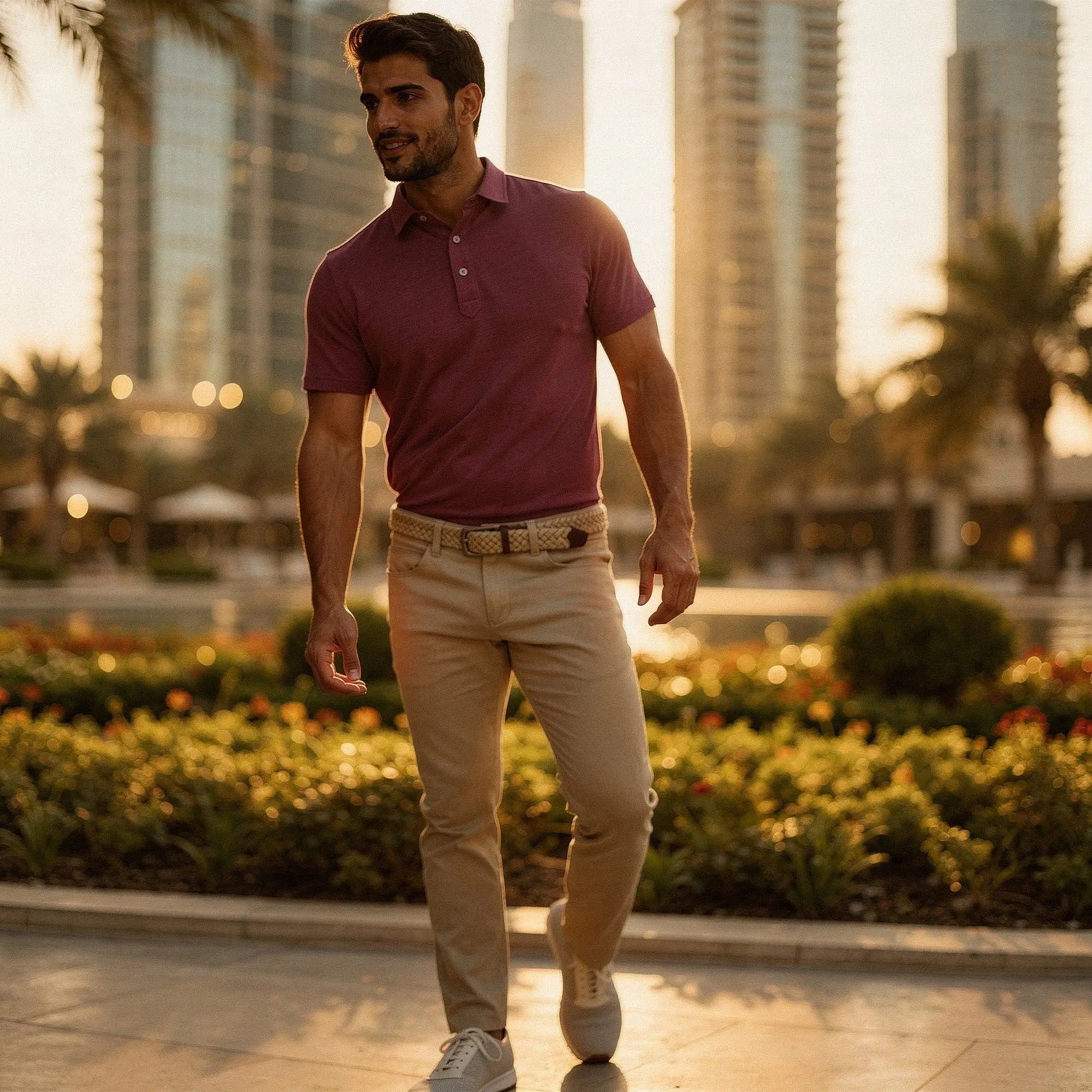 View of a navy blue slim fit short sleeve polo shirt featuring a V neck and soft cotton material