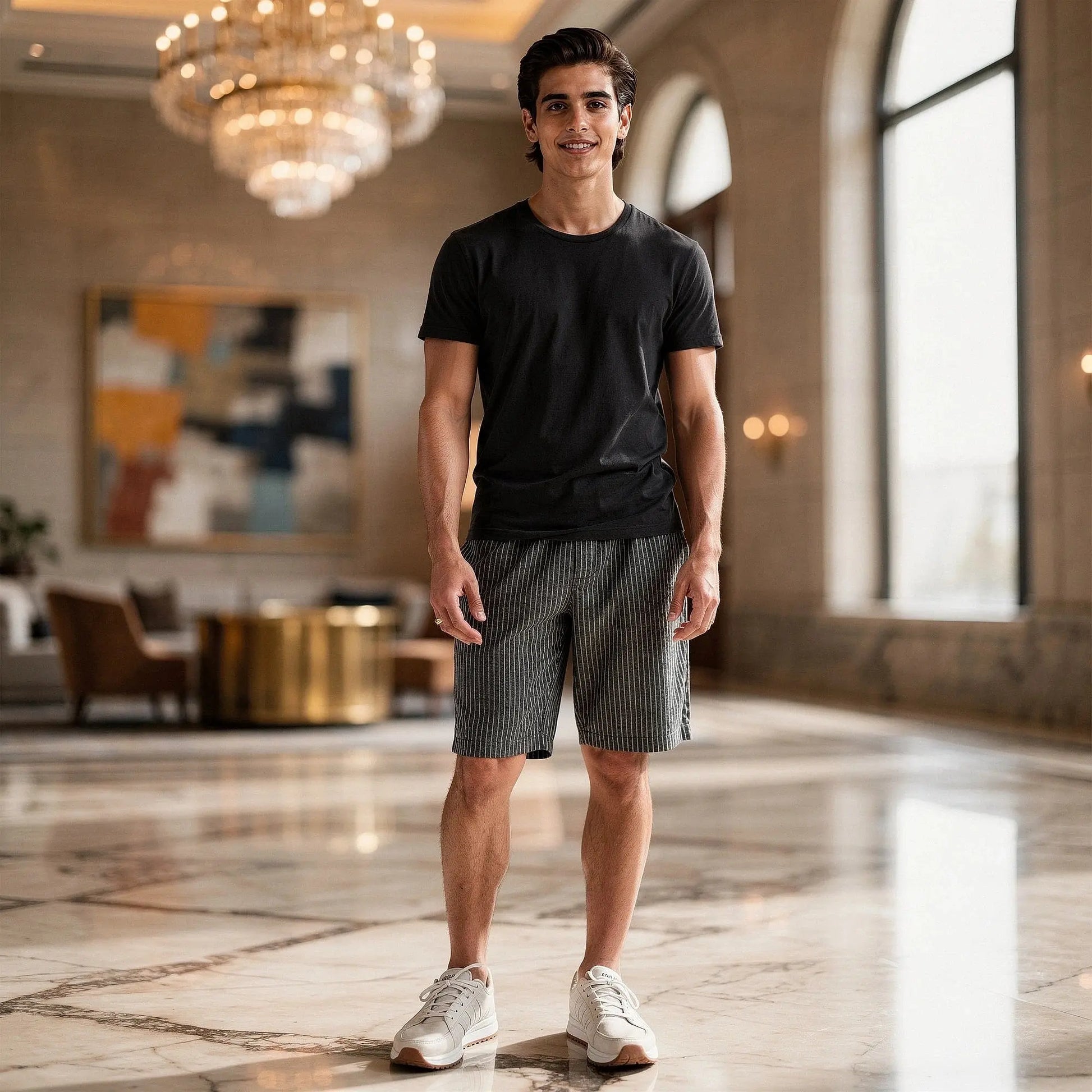 View of relaxed fit summer shorts featuring horizontal stripes in light blue and white, with a comfortable drawstring waistband