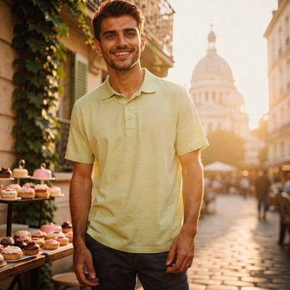 View of a navy blue men's slim fit short sleeve polo shirt featuring a V neck and soft cotton material