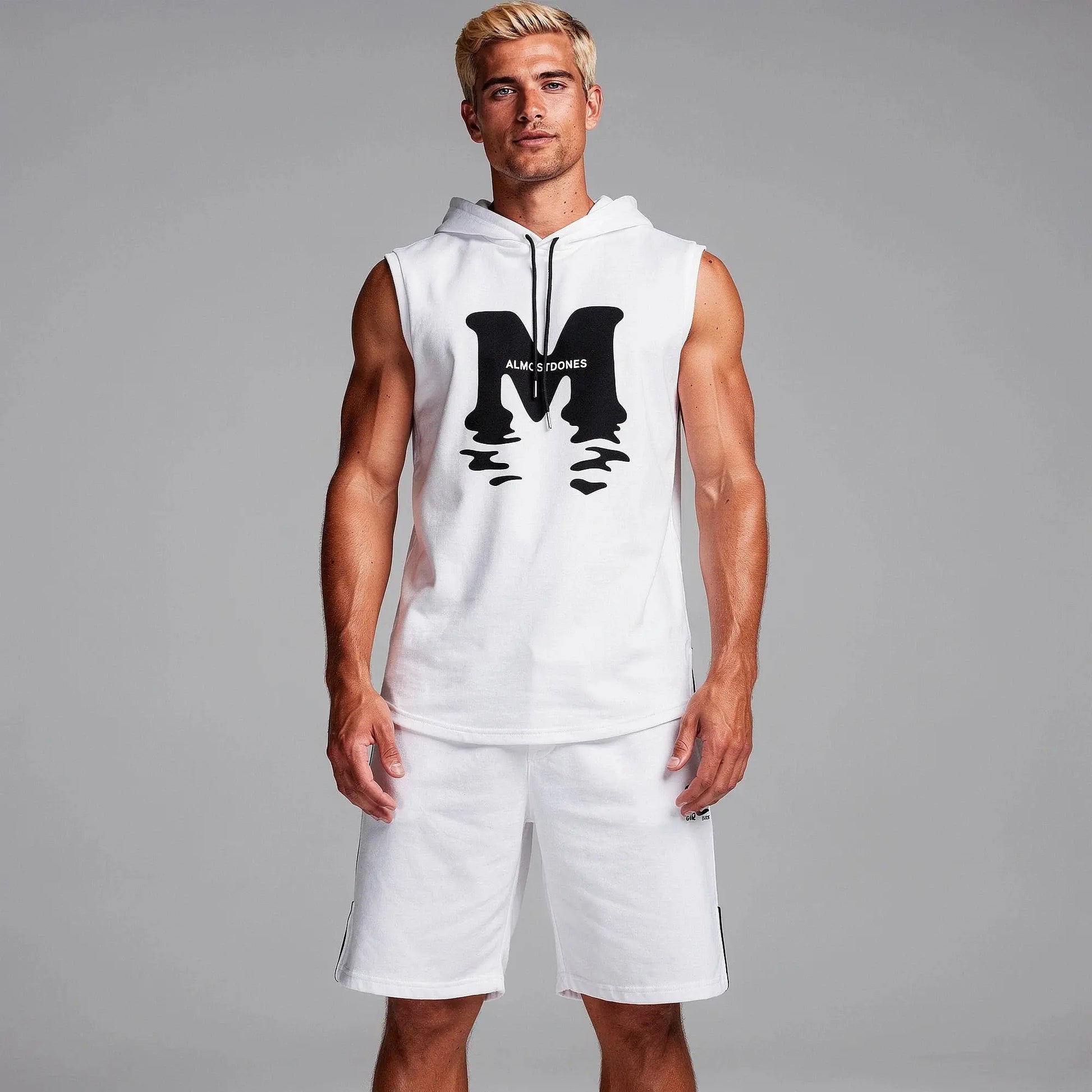 View of a relaxed fit sleeveless casual summer t shirt and shorts set in light gray cotton fabric