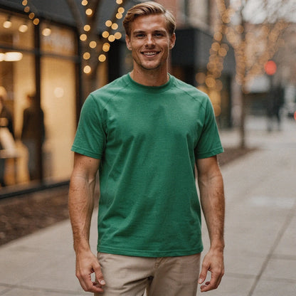 View of a slim fit crew neck short sleeve performance t shirt in dark gray, made of breathable fabric for fitness activities