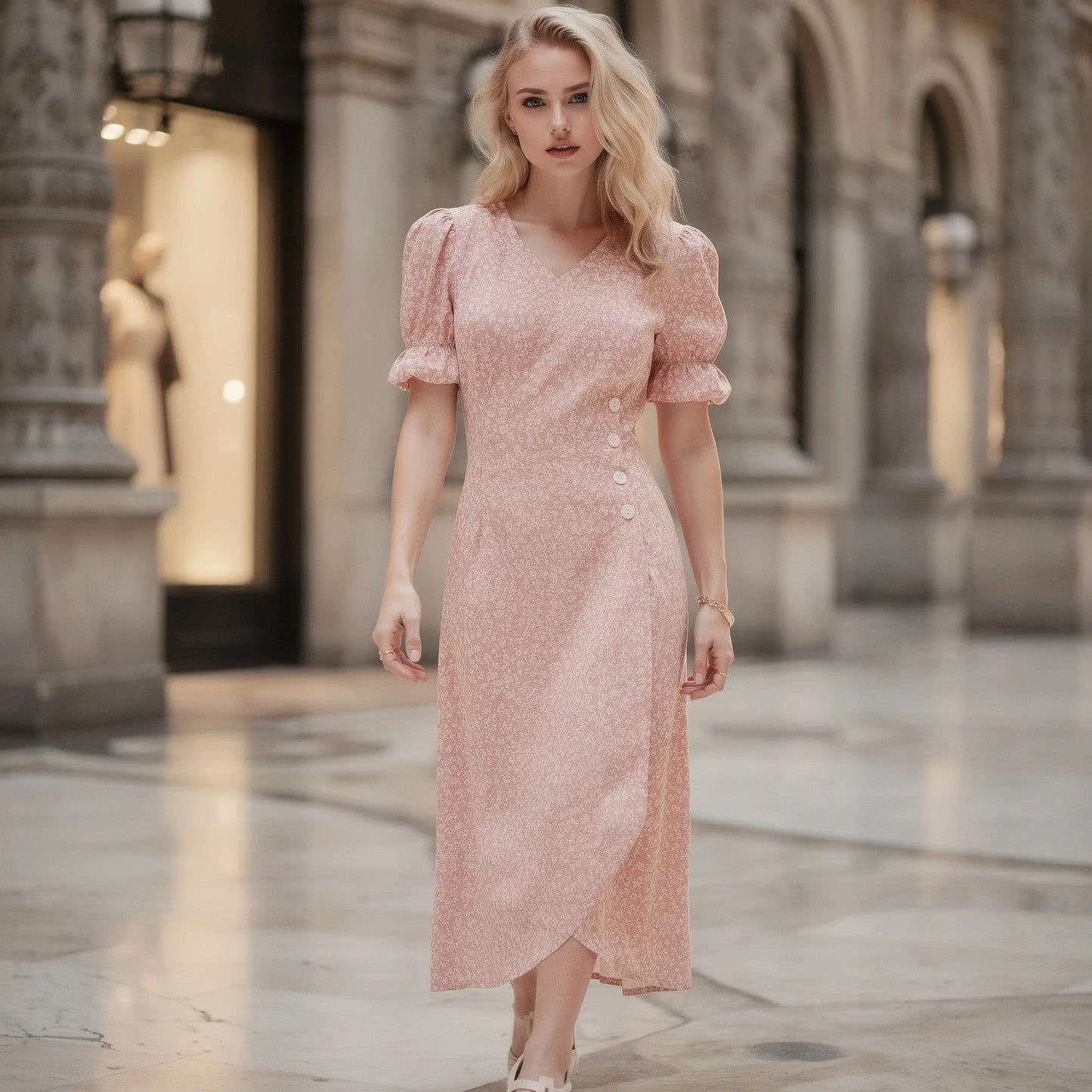 Light blue flowy wrap midi dress with puff sleeves and a cinched waist, view showcasing fabric texture and sleeve design