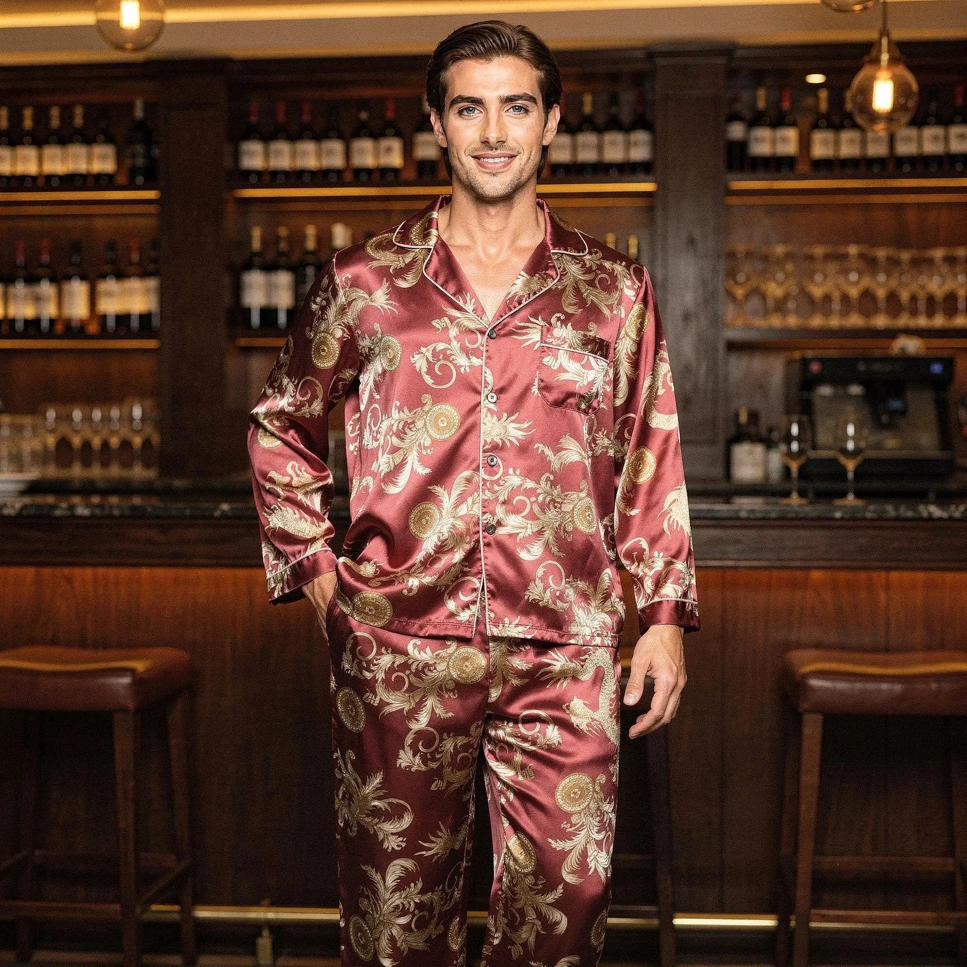 View of a relaxed fit long sleeve pajama set in soft silk, featuring a notch collar and elegant stitching
