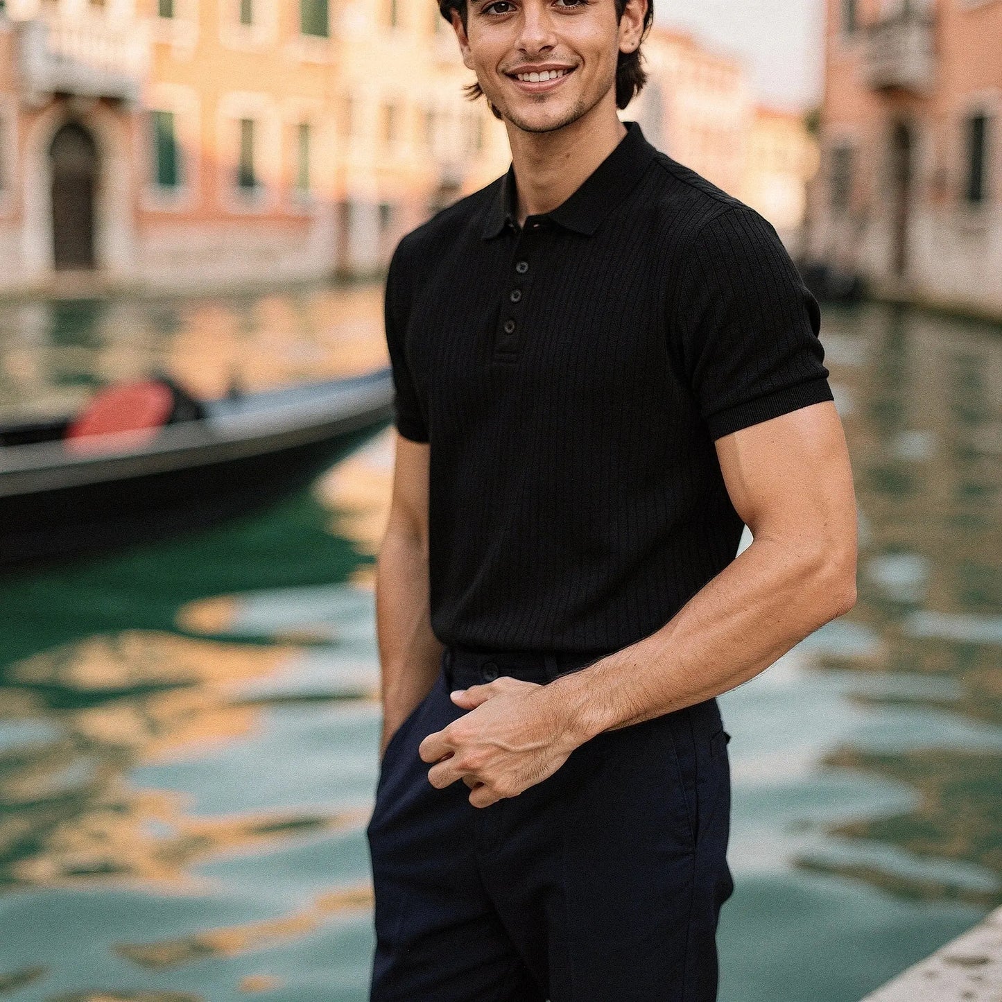 View of a slim fit short sleeve polo t shirt in light blue, made from breathable cotton, featuring a classic collar and subtle stitching