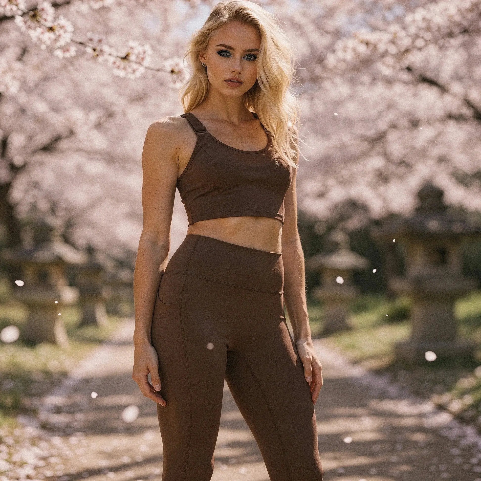 High waisted fitted 78 leggings in black, featuring pockets and a stretchy, breathable fabric for activewear