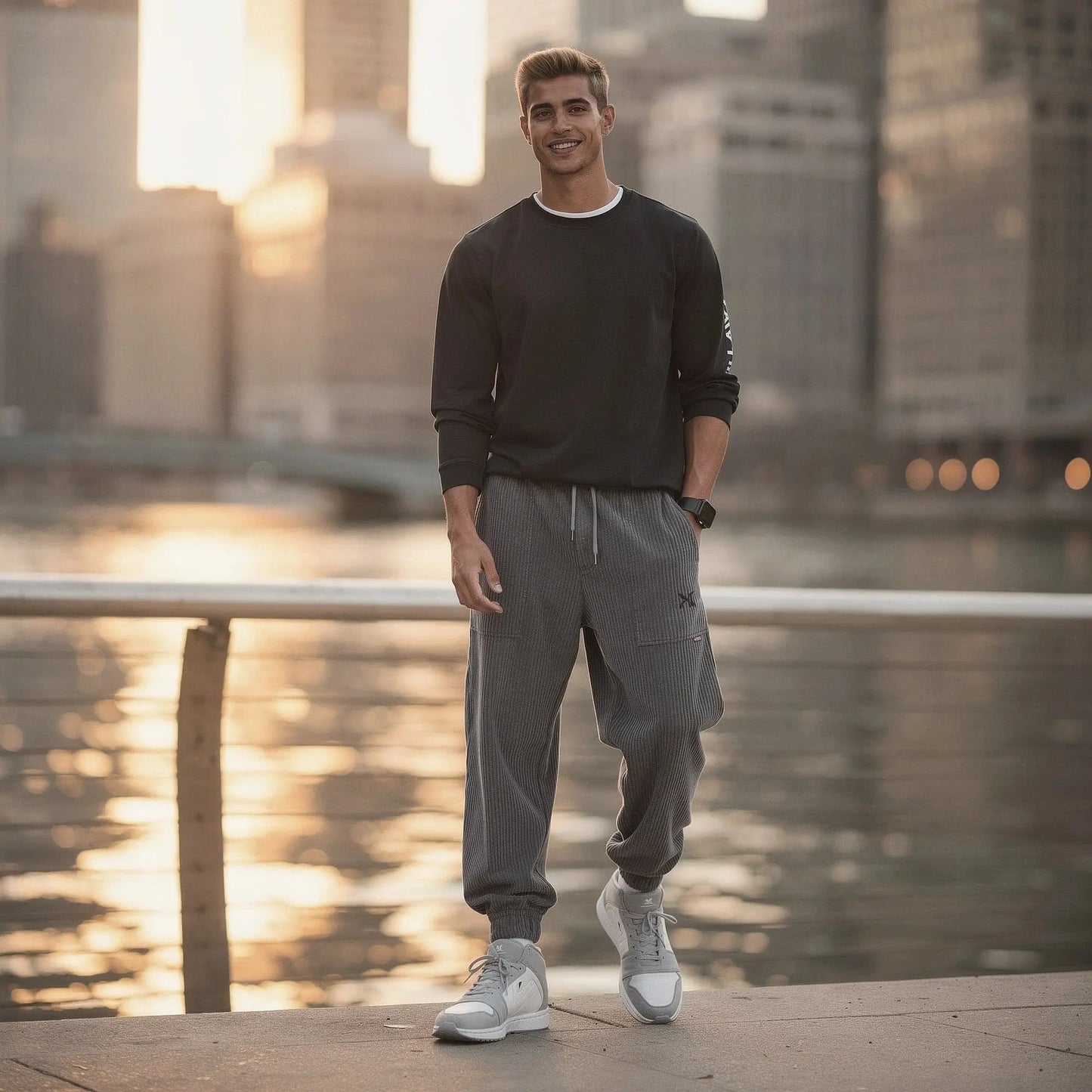 View of relaxed fit tapered joggers in soft beige corduroy, featuring a drawstring waist and baggy legs