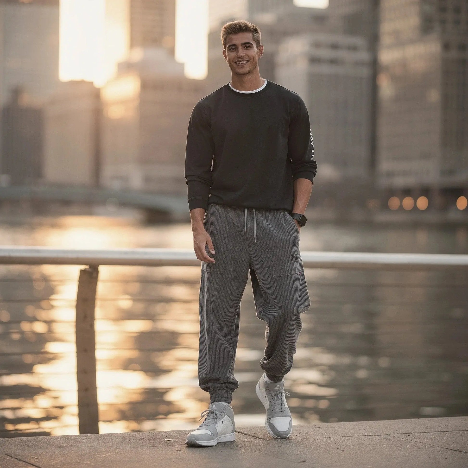 View of relaxed fit tapered joggers in soft beige corduroy, featuring a drawstring waist and baggy legs