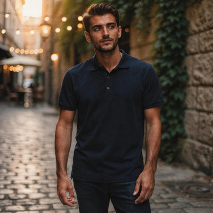 View of a slim fit short sleeve polo shirt in light gray, featuring a V neck and soft cotton material