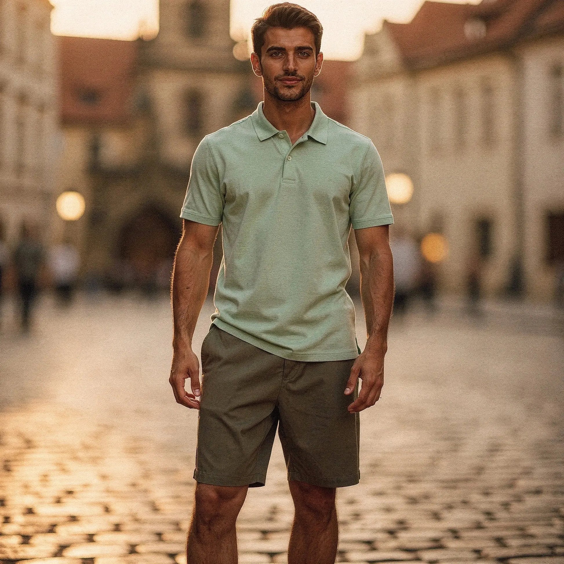 View of a navy blue slim fit short sleeve polo shirt featuring a V neck and soft cotton material