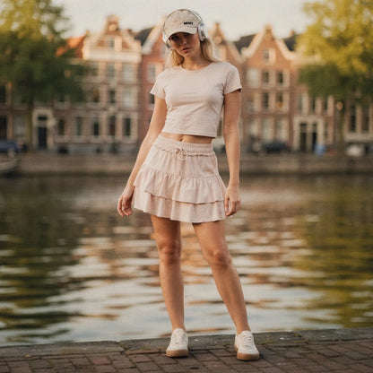 Lightweight mini ruffle skirt in soft fabric, featuring built in anti exposure shorts, view, perfect for summer activities