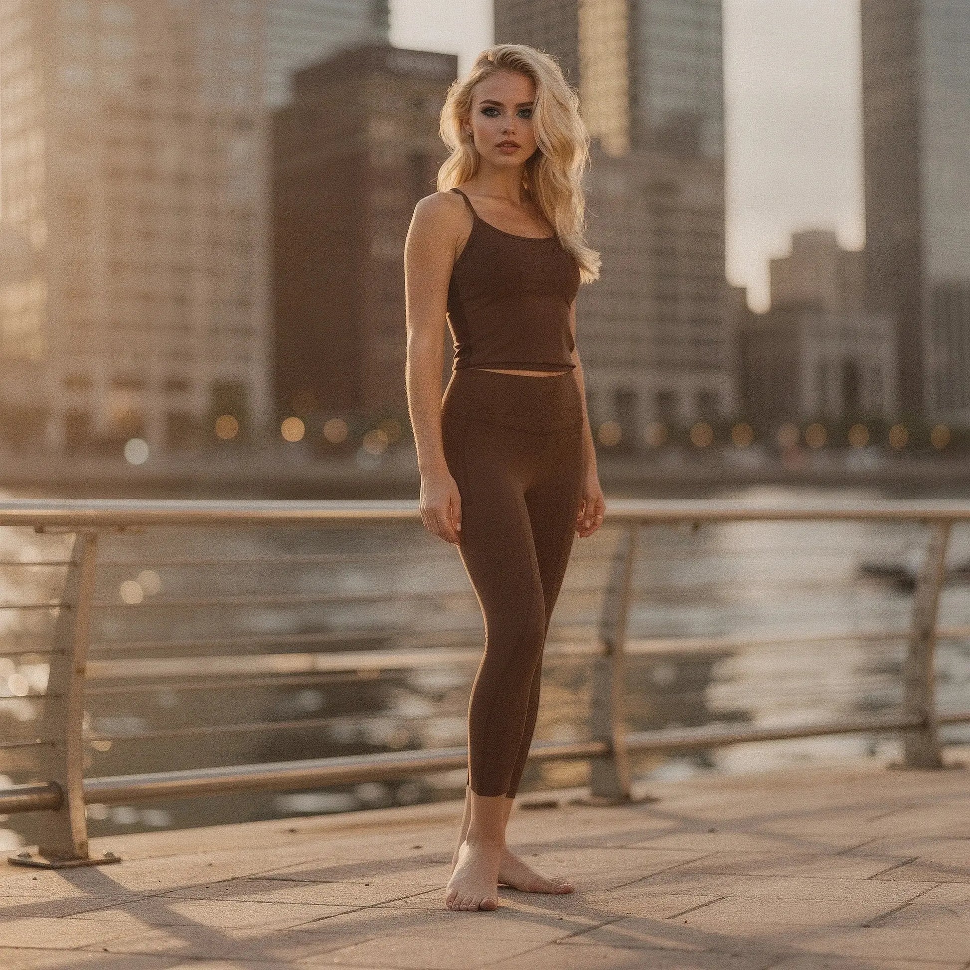 Black high waisted fitted 78 leggings made of stretchy material, featuring pockets and a view of the fabric texture