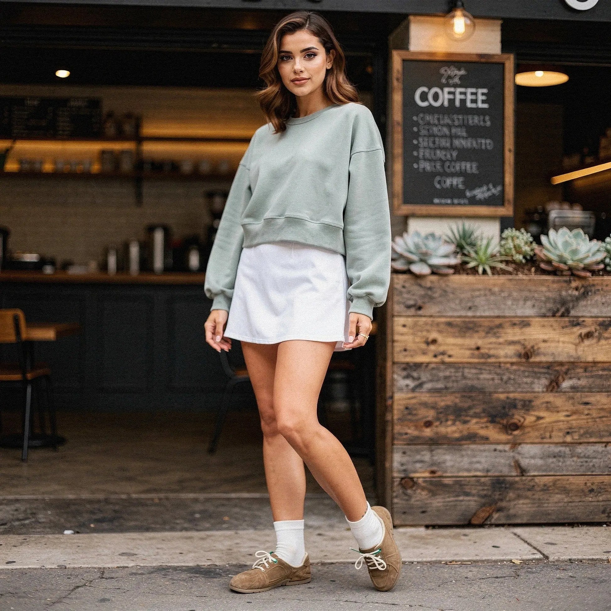 Light gray relaxed fit crew neck sweatshirt with long sleeves and ribbed cuffs, view showcasing fabric texture