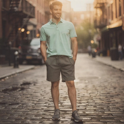 View of a navy blue men's slim fit short sleeve polo shirt featuring a V neck and soft cotton material