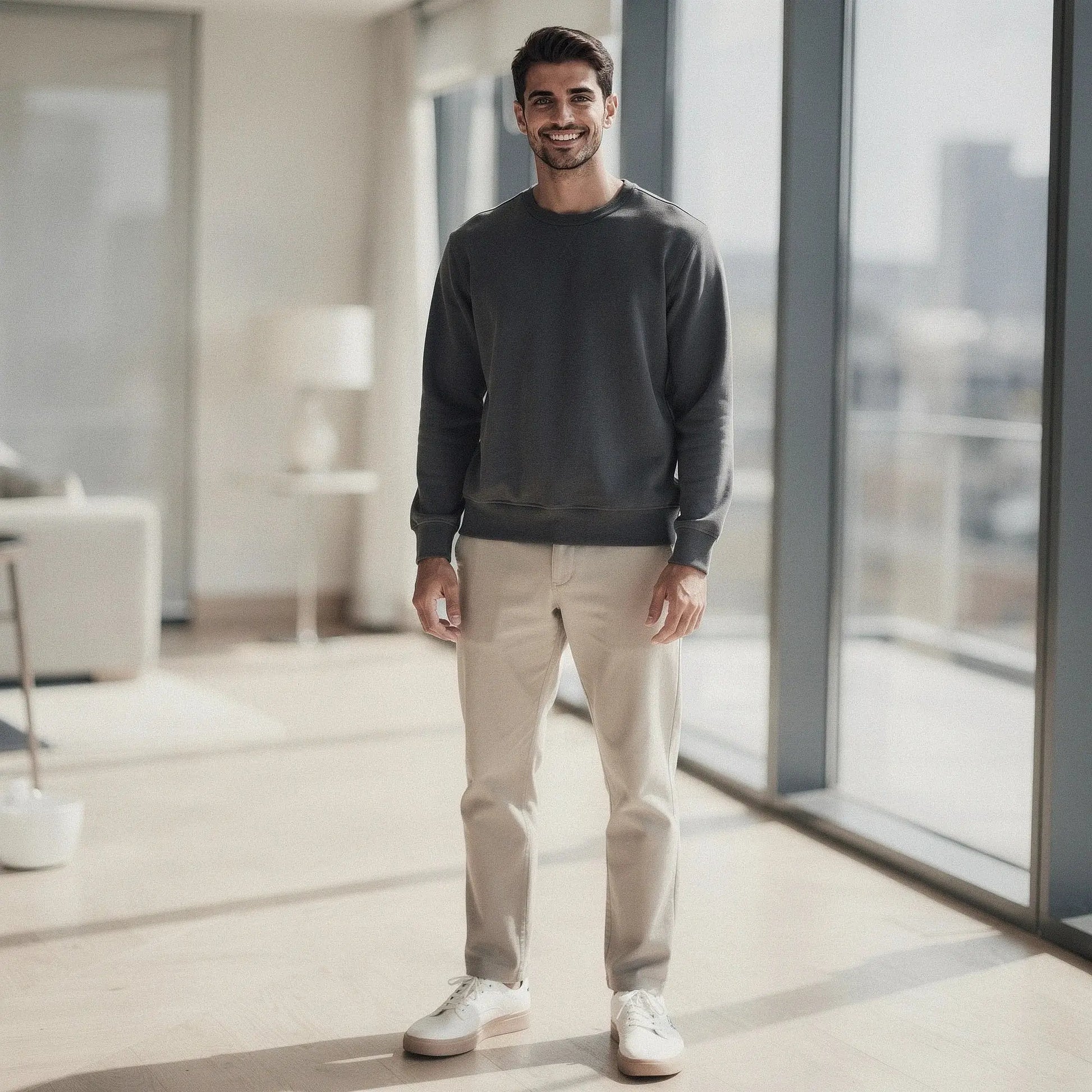 View of a relaxed fit crew neck long sleeve sweatshirt in a soft gray fabric, featuring a simple design