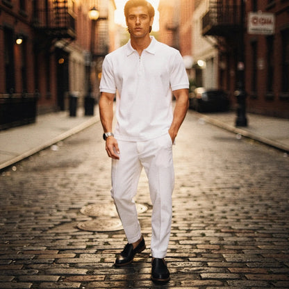 View of a slim fit short sleeve sport suit set in dark gray, featuring a zipper and lightweight fabric