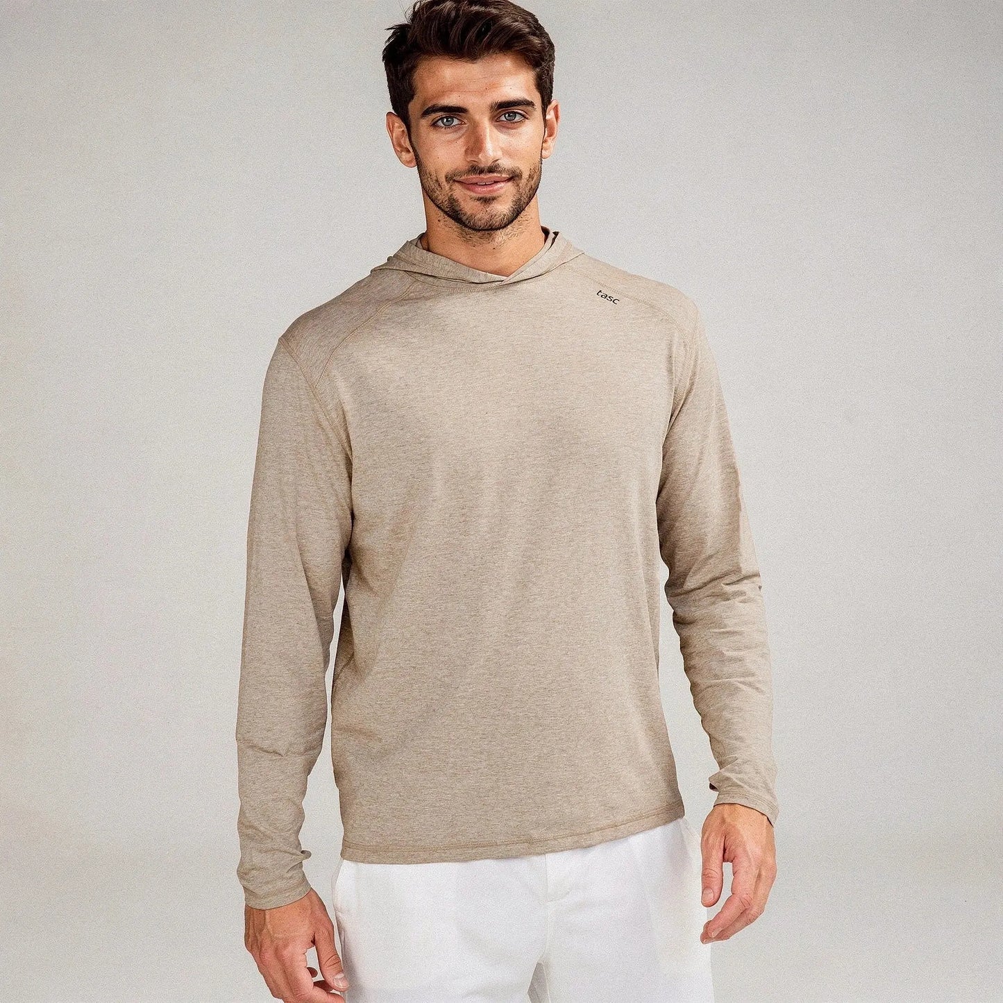 Lightweight gray hoodie with long sleeves, slim fit, view showing a kangaroo pocket and adjustable drawstring hood